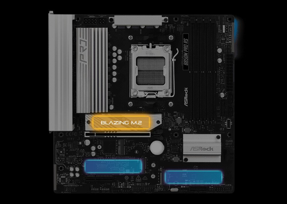 Płyta główna ASROCK B850M Pro RS Widok z góry na płytę główną z podświetlonymi na kolorowo miejscami montażu dysków oraz napisem 'BLAZING M.2'