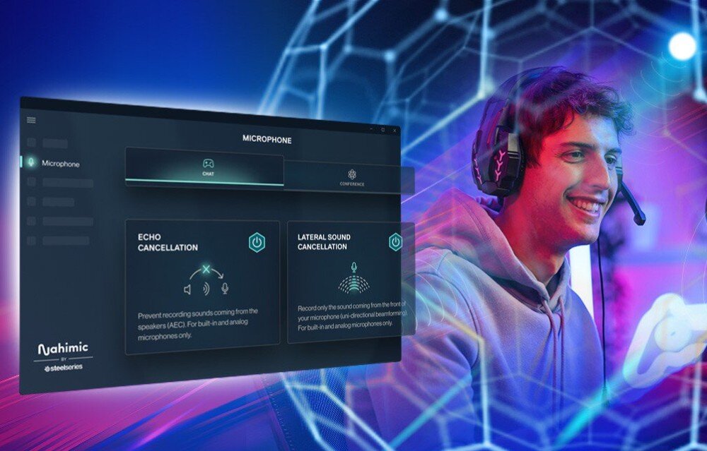 Płyta główna ASROCK B850M Pro RS WiFi Mężczyzna w słuchawkach na tle interfejsu aplikacji do konfiguracji mikrofonu z opcjami redukcji echa i szumów