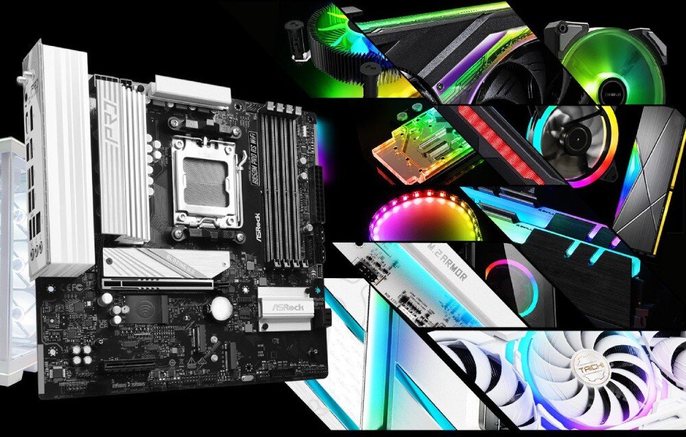 Płyta główna ASROCK B850M Pro RS WiFi Zdjęcie przedstawia płytę główną komputera w formacie micro-ATX z czarnym laminatem i srebrnymi radiatorami, a obok znajduje się kolaż różnych podzespołów komputerowych z kolorowym podświetleniem RGB, takich jak wentylatory, pamięci RAM oraz elementy chłodzenia wodnego