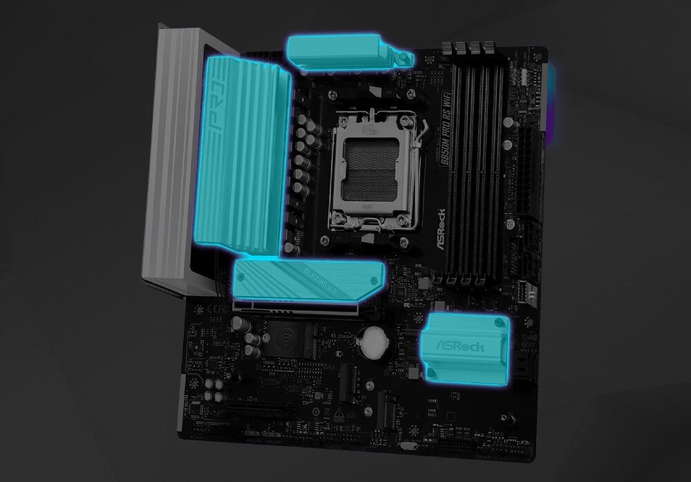 Płyta główna ASROCK B850M Pro RS WiFi Płyta główna pokazana pod kątem z błękitnym wyróżnieniem wszystkich zamontowanych na niej radiatorów