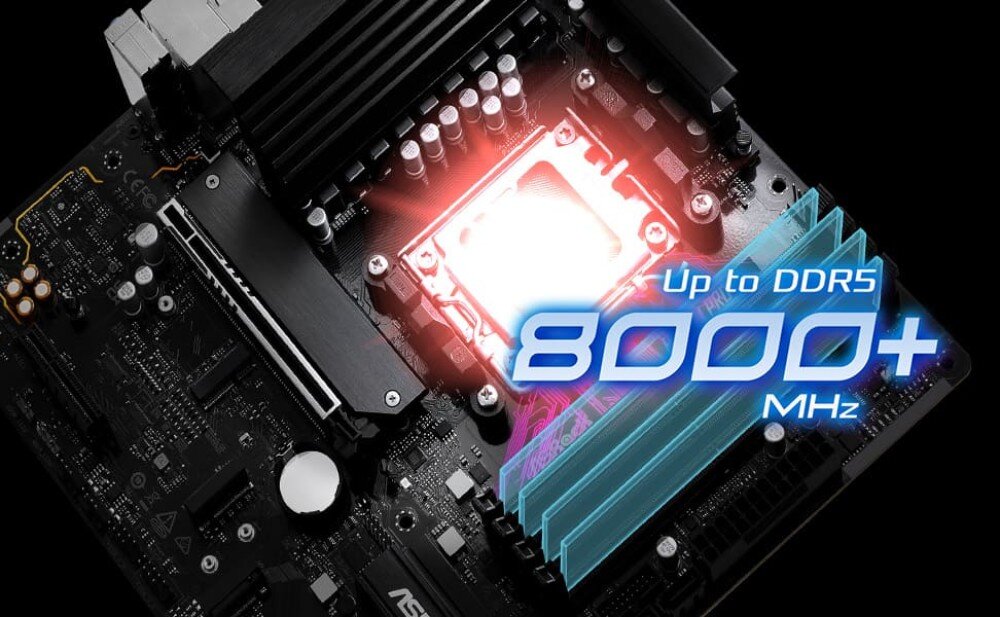 Płyta główna ASROCK B850M Pro-A Detal gniazda procesora i banków pamięci z nałożonym logotypem informującym o obsłudze standardu DDR5 o prędkości powyżej 8000 MHz