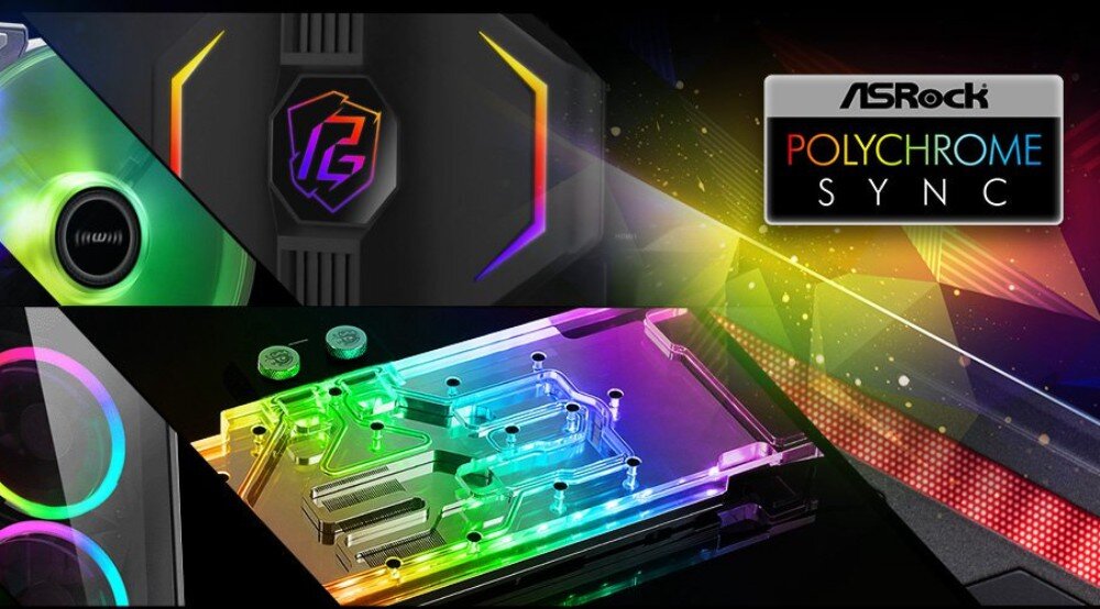 Płyta główna ASROCK B850M Pro-A WiFi Kolaż prezentujący różne elementy zestawu komputerowego z wielobarwnym podświetleniem oraz logotypem systemu sterowania światłem 'POLYCHROME SYNC'