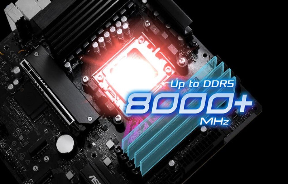 Płyta główna ASROCK B850M Pro-A WiFi Detal gniazda procesora i banków pamięci z nałożonym logotypem informującym o obsłudze standardu DDR5 o prędkości powyżej 8000 MHz