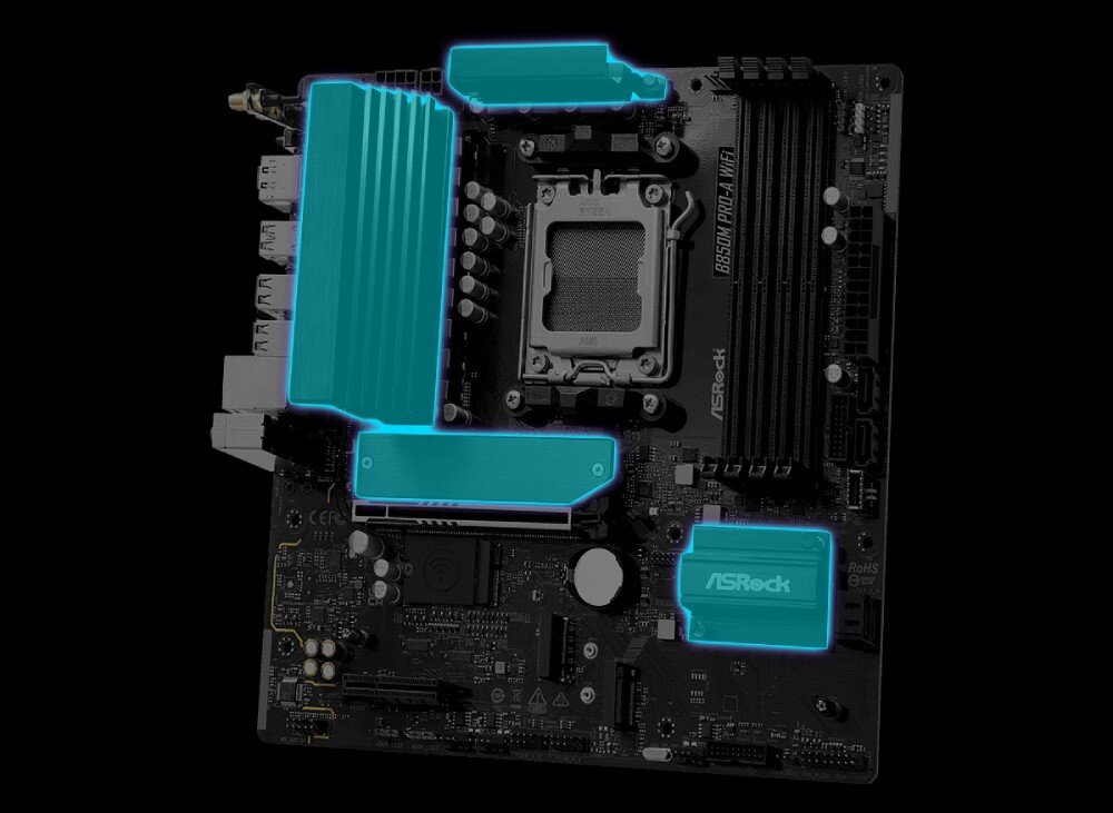 Płyta główna ASROCK B850M Pro-A WiFi Perspektywiczne ujęcie płyty głównej z nałożonymi niebieskimi polami wskazującymi rozmieszczenie wszystkich radiatorów chłodzących komponenty
