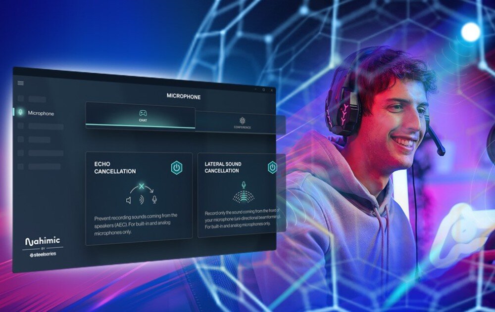 Płyta główna ASROCK B850I Lightning WiFi Uśmiechnięty mężczyzna w słuchawkach na tle interfejsu oprogramowania dźwiękowego Nahimic z widocznymi opcjami 'ECHO CANCELLATION' i 'LATERAL SOUND CANCELLATION'