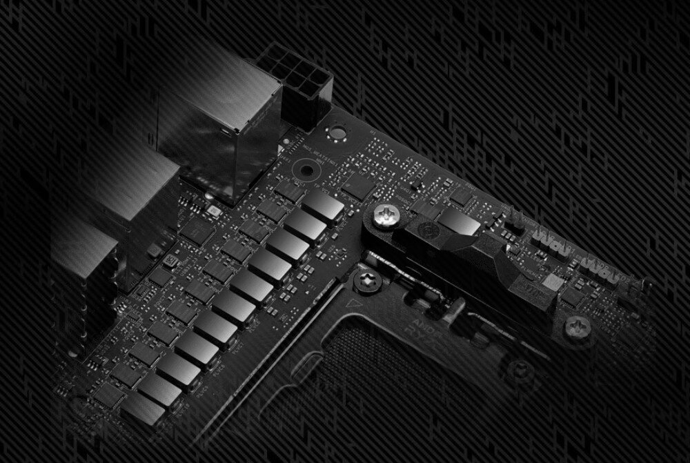 Płyta główna ASROCK B850I Lightning WiFi Zbliżenie na sekcję zasilania płyty głównej składającą się z szeregu metalowych dławików i kondensatorów rozmieszczonych wokół gniazda procesora