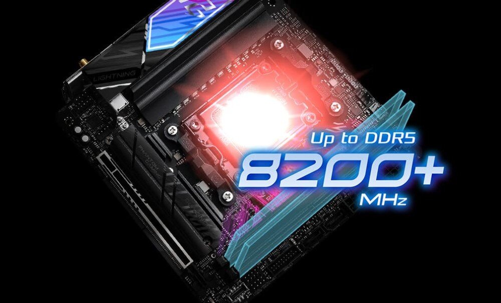 Płyta główna ASROCK B850I Lightning WiFi Widok na gniazdo procesora z nałożonym efektem świetlnym i napisem 'Up to DDR5 8200+ MHz', sugerującym wsparcie dla szybkich modułów pamięci operacyjnej