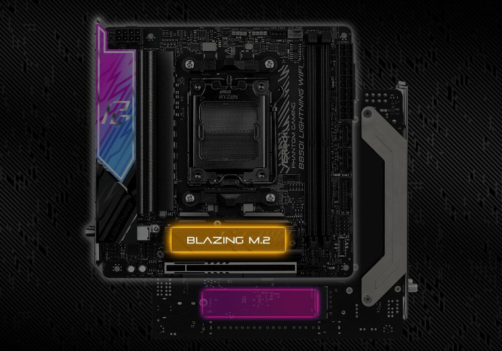 Płyta główna ASROCK B850I Lightning WiFi Zestawienie przedniej i tylnej strony płyty głównej z podświetlonymi miejscami montażowymi na dyski M.2, z których jedno oznaczone jest napisem 'Blazing M.2'