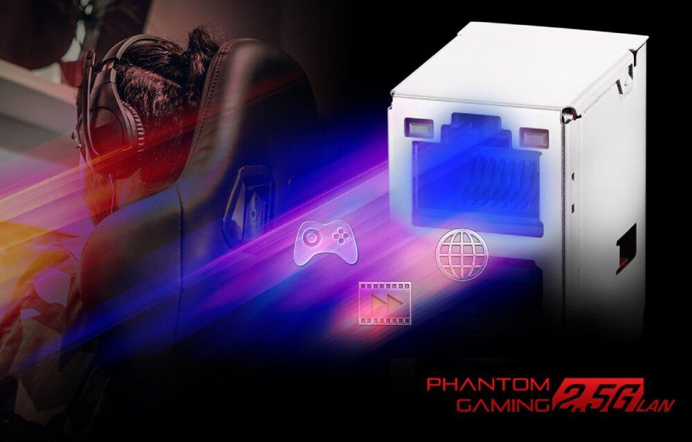 Płyta główna ASROCK B850I Lightning WiFi Kolaż przedstawiający gracza w słuchawkach oraz zbliżenie na port sieciowy Ethernet z logotypem 'Phantom Gaming 2.5G LAN'