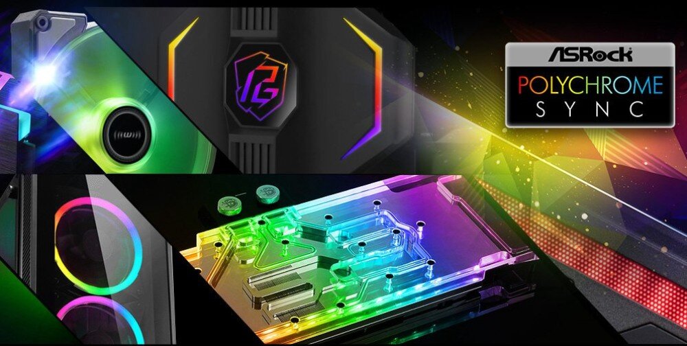 Płyta główna ASROCK B850 Pro-A Kilka podświetlonych na różne kolory podzespołów komputerowych z logo 'Polychrome Sync' w prawym górnym rogu, oświetlenie RGB, synchronizacja efektów