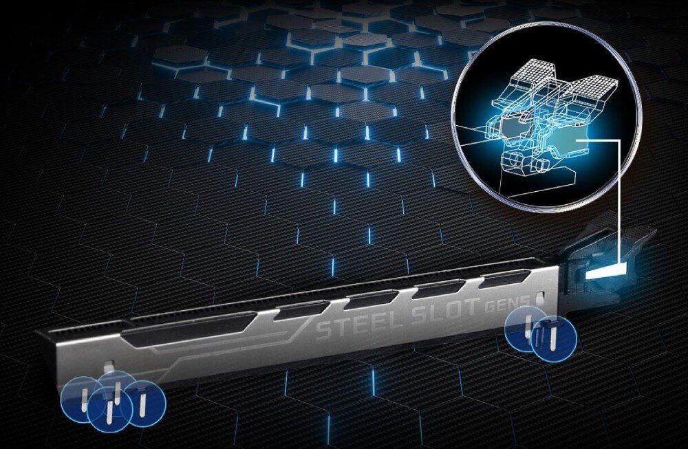 Płyta główna ASROCK B850 Pro-A Wąski metalowy slot na tle ciemnego sześciokątnego wzoru z powiększeniem pokazującym jego wewnętrzną konstrukcję, interfejs PCIe 5.0