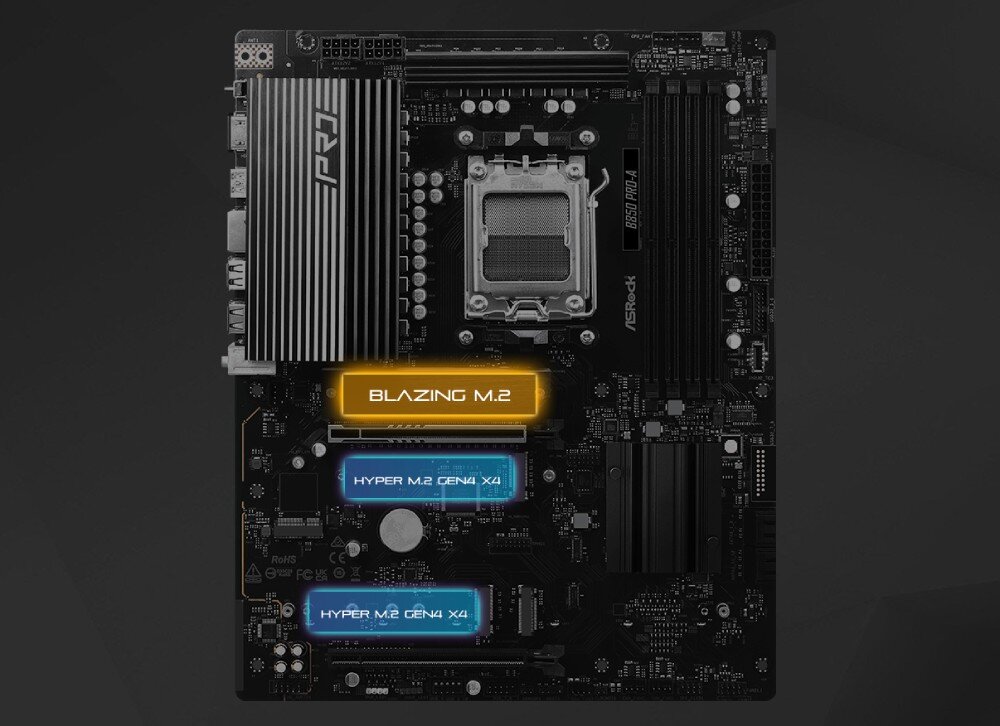 Płyta główna ASROCK B850 Pro-A Widok z góry na płytę z wyróżnionym na żółto złączem 'Blazing M.2' i dwoma niebieskimi złączami 'Hyper M.2 Gen4 x4' poniżej, złącza M.2, prędkość