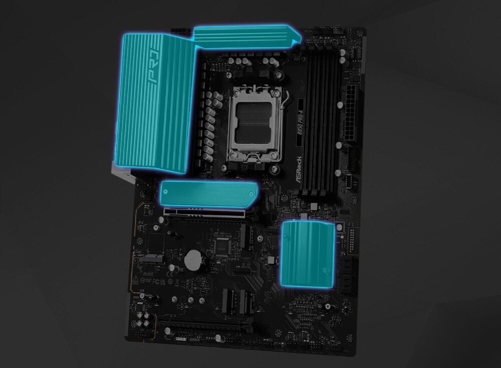 Płyta główna ASROCK B850 Pro-A Płyta główna z zaznaczonymi na niebiesko trzema większymi radiatorami w górnej, środkowej i dolnej części, chłodzenie, radiatory, kontrola wentylatorów