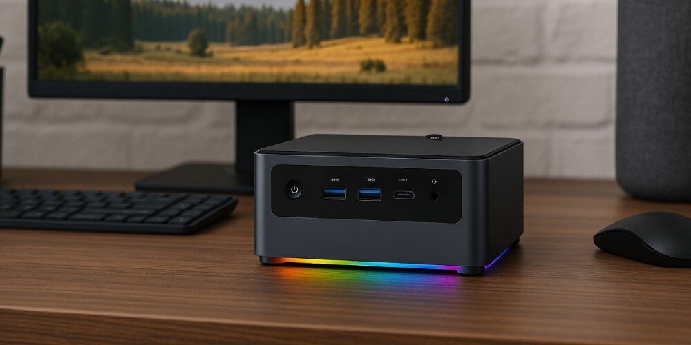 Komputer QOOBE U155H Komputer typu mini PC z podświetleniem RGB stoi na biurku obok monitora, myszki i klawiatury, pamięć RAM, DDR5, taktowanie, rozbudowa
