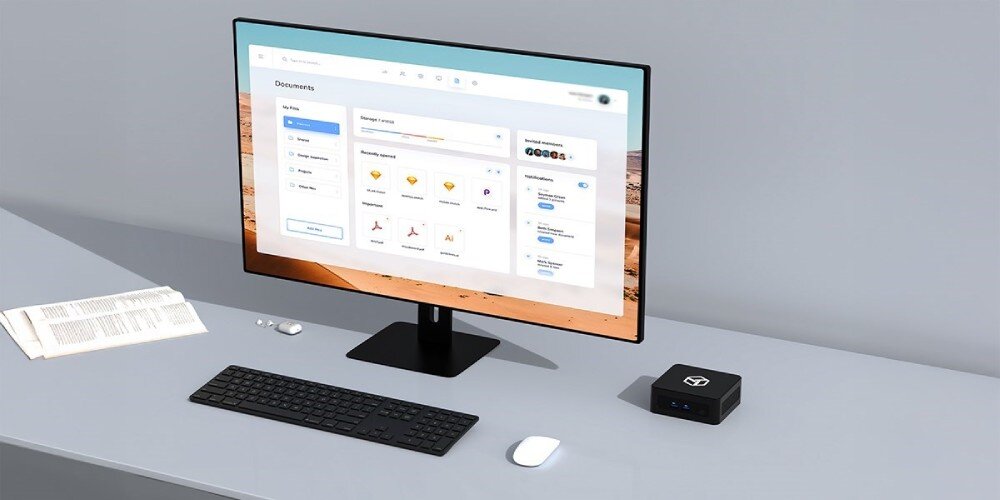 Komputer QOOBE II AP-1340 Urządzenie stoi na białym biurku obok monitora wyświetlającego menedżer dokumentów, na biurku znajdują się też klawiatura, myszka i otwarta książka, porty, złącza, podłączenie, łączność