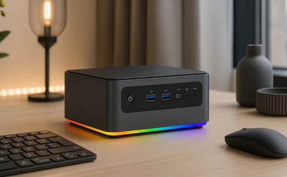 Komputer QOOBE U155H Komputer typu mini pc na biurku, widoczny front z przyciskiem zasilania, dwoma portami usb, portem typu c, gniazdem słuchawkowym i podświetleniem u podstawy, opis