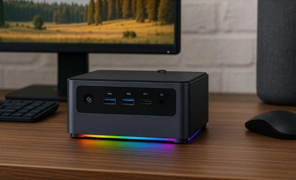 Komputer QOOBE U155H Mini pc ustawiony na drewnianym biurku przed monitorem, z przodu widać panel z portami wejścia i wyjścia oraz kolorowe podświetlenie led u podstawy obudowy, procesor, rdzenie, wydajność