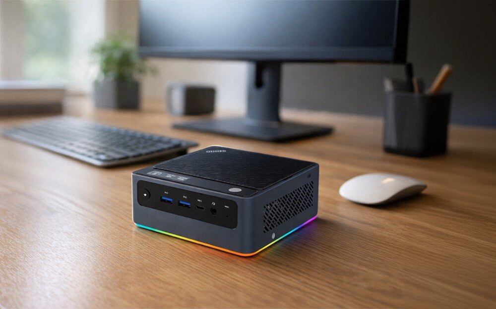 Komputer QOOBE U155H Mini pc z wyświetlaczem na górnej obudowie, umieszczony na biurku obok myszki i klawiatury, z przodu widoczne porty oraz tęczowe podświetlenie u podstawy, dysk, pojemność, interfejs