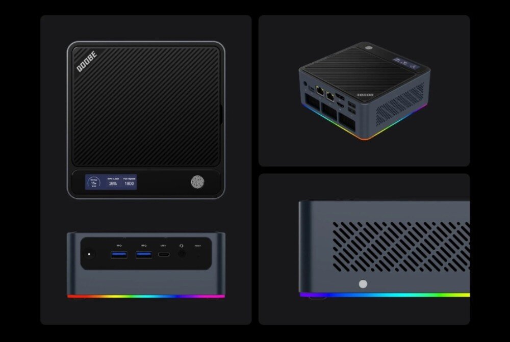 Komputer QOOBE U155H Kolaż przedstawiający mini pc z różnych perspektyw, widoczny ekran na obudowie, układ portów z przodu, z tyłu oraz boczne otwory wentylacyjne i podświetlenie, obudowa, wymiary, system