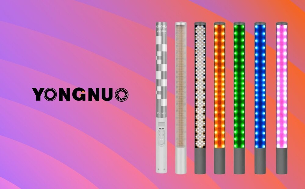 Lampa LED Yongnuo YN360 II - RGB, WB (3200 K - 5600 K) baner prezentujacy różne barwy oraz kolory światła