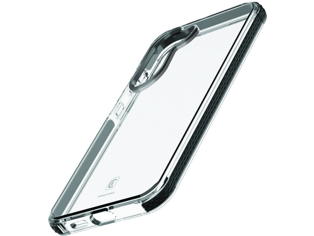 Etui CELLULARLINE Tetra etui na białym tle pokazane pod kątem, czarne krawędzie