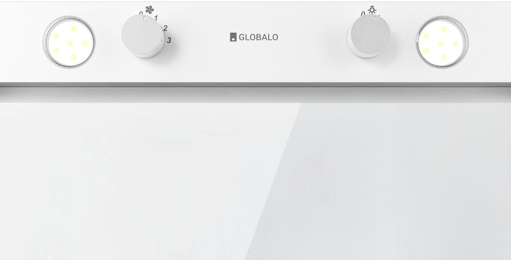 OKAP GLOBALO FLUXIME Zdjęcie przedstawia biały panel okapu kuchennego marki GLOBAŁO z dwoma pokrętłami sterującymi pracą urządzenia. Po obu stronach widoczne są wbudowane okrągłe lampki LED, zapewniające oświetlenie płyty kuchennej oświetlenie LED energooszczędność niskie zużycie prądu oszczędność energii jasne światło