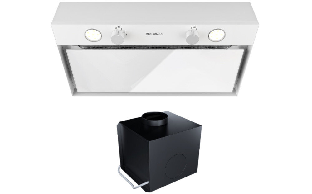 OKAP GLOBALO FLUXIME Zdjęcie przedstawia okap kuchenny marki GLOBALO w białym wykończeniu, wraz z widocznymi pokrętłami sterowania i oświetleniem LED pod panelem. Pod urządzeniem pokazano czarną jednostkę filtracyjną (pochłaniacz), która współpracuje z okapem, umożliwiając tryb recyrkulacji powietrza pochłanianie szczelinowe skuteczne usuwanie zapachów wydajna wentylacja świeże powietrze kuchnia