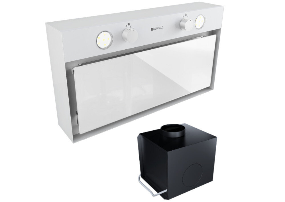 OKAP GLOBALO FLUXIME Zdjęcie przedstawia okap kuchenny GLOBALO w białym wykończeniu, widoczny od spodu wraz z panelem sterowania i oświetleniem LED. Pod urządzeniem znajduje się czarna jednostka filtracyjna, przeznaczona do pracy okapu w trybie recyrkulacji kompaktowy rozmiar zabudowa kuchenna oszczędność przestrzeni mała wysokość funkcjonalność turbina w innym pomieszczeniu elastyczny montaż dowolna instalacja optymalne wykorzystanie przestrzeni