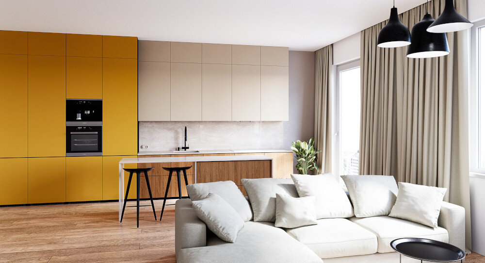 OKAP GLOBALO FLUXIME Zdjęcie ukazuje przestronny salon połączony z kuchnią w awangardowym stylu. Kuchnia ma fronty w dwóch kolorach: intensywnym żółtym oraz jasnobeżowym — a na tle dużych okien znajduje się jasny narożnik i czarne lampy wiszące, tworzące spójną, estetyczną aranżację cicha praca kuchnia turbina zewnętrzna redukcja hałasu 67 dB dźwięk komfort gotowania