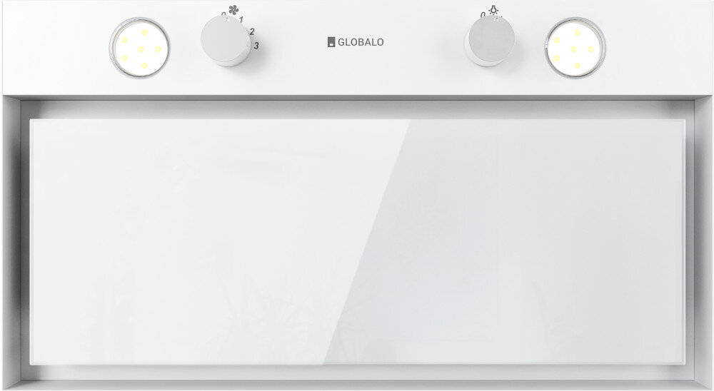 OKAP GLOBALO FLUXIME Zdjęcie przedstawia biały okap kuchenny GLOBALO z szerokim panelem wykończonym szkłem oraz dwoma pokrętłami sterującymi pracą urządzenia. Po bokach panelu umieszczone są okrągłe lampki LED, które równomiernie oświetlają płytę kuchenną  filtr aluminiowy usuwanie tłuszczu czyste powietrze filtracja powietrza ochrona kuchni