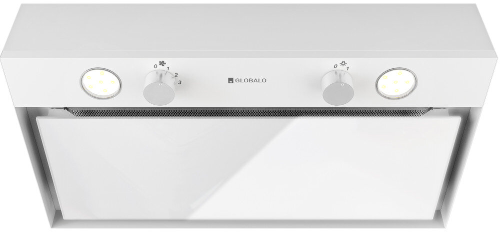 OKAP GLOBALO FLUXIME Obraz pokazuje okap GLOBALO w widoku z dołu, z uchyloną przednią klapą umożliwiającą dostęp do filtrów. Na górnym panelu widoczne są dwa pokrętła sterowania oraz dwie jasne lampki LED zapewniające komfortowe oświetlenie gotowania kanał płaski więcej miejsca w szafce organizacja kuchni oszczędność przestrzeni funkcjonalne rozwiązanie cicha kuchnia wydajna wentylacja design oszczędność energii funkcjonalność