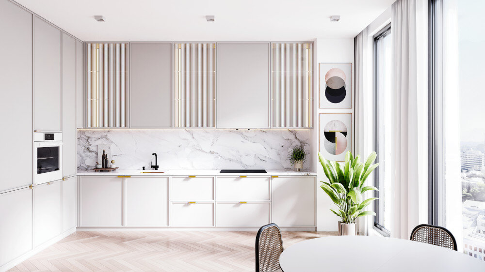 OKAP GLOBALO FLUXIME Zdjęcie przedstawia przestronną, elegancką kuchnię z dużą wyspą, czarnymi szafkami i czarnym okapem umieszczonym na ścianie nad płytą. Całość utrzymana jest w luksusowym stylu cicha praca kuchnia turbina zewnętrzna redukcja hałasu 71 dB dźwięk komfort gotowania