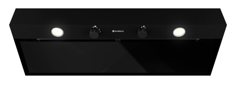 OKAP GLOBALO FLUXIME Okap GLOBALO przedstawiono z lekkim zbliżeniem na panel sterowania z dwoma pokrętłami i oświetleniem LED. Ujęcie podkreśla eleganckie wykończenie frontu filtr aluminiowy usuwanie tłuszczu czyste powietrze filtracja powietrza ochrona kuchni