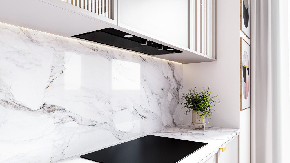 OKAP GLOBALO FLUXIME Zdjęcie przedstawia czarny okap GLOBALO w dużym zbliżeniu, z widocznymi dwoma pokrętłami oraz lampkami LED. Front urządzenia ma szklaną powierzchnię odbijającą światło