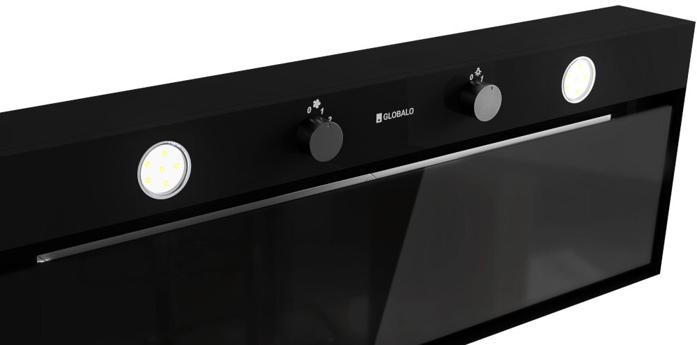 OKAP GLOBALO FLUXIME Na zdjęciu widoczny jest czarny okap GLOBALO z dwoma pokrętłami oraz okrągłymi lampkami LED. Ujęcie eksponuje gładką powierzchnię frontu i minimalistyczny design oświetlenie LED energooszczędność niskie zużycie prądu oszczędność energii jasne światło