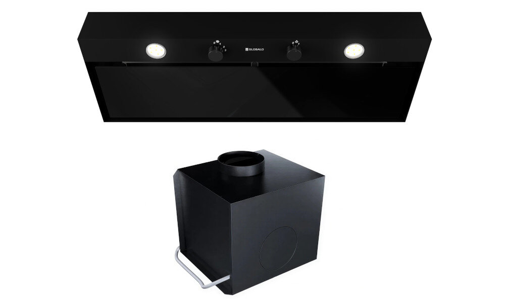 OKAP GLOBALO FLUXIME Na zdjęciu widoczny jest czarny okap GLOBALO oraz czarny pochłaniacz ustawiony poniżej jako dodatkowy element. Komplet tworzy pełny zestaw do montażu w kuchni pochłanianie szczelinowe skuteczne usuwanie zapachów wydajna wentylacja świeże powietrze kuchnia