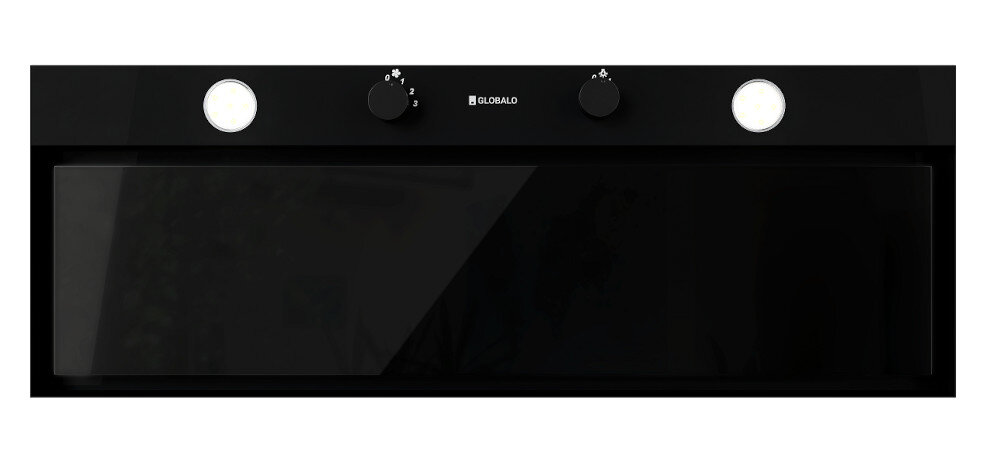 OKAP GLOBALO FLUXIME Zdjęcie przedstawia czarny okap GLOBALO z dwoma pokrętłami sterowania i oświetleniem LED po bokach. Front urządzenia jest gładki i minimalistyczny, utrzymany w eleganckiej stylistyce sterowanie mechaniczne prosta obsługa regulacja prędkości intuicyjne użytkowanie wygoda