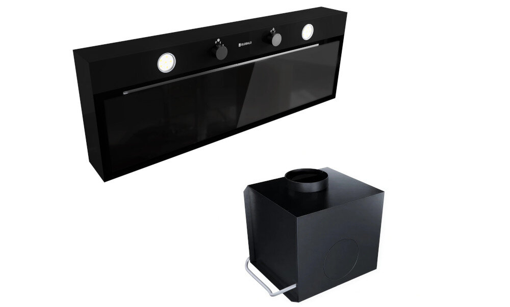 OKAP GLOBALO FLUXIME Obraz pokazuje okap GLOBALO widziany pod kątem, a pod nim umieszczono czarną jednostkę filtracyjną do pracy w trybie recyrkulacji. Ujęcie prezentuje zestaw jako kompletny system wentylacji kuchennej kompaktowy rozmiar zabudowa kuchenna oszczędność przestrzeni mała wysokość funkcjonalność turbina w innym pomieszczeniu elastyczny montaż dowolna instalacja optymalne wykorzystanie przestrzeni