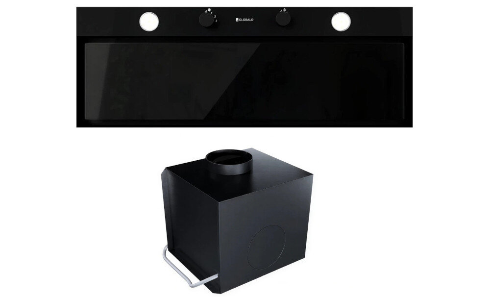 OKAP GLOBALO FLUXIME Obraz prezentuje zestaw składający się z czarnego okapu GLOBALO oraz oddzielnego pochłaniacza do pracy w trybie recyrkulacji. Urządzenia ustawiono jedno nad drugim na białym tle funkcjonalne rozwiązanie cicha kuchnia wydajna wentylacja design oszczędność energii funkcjonalność