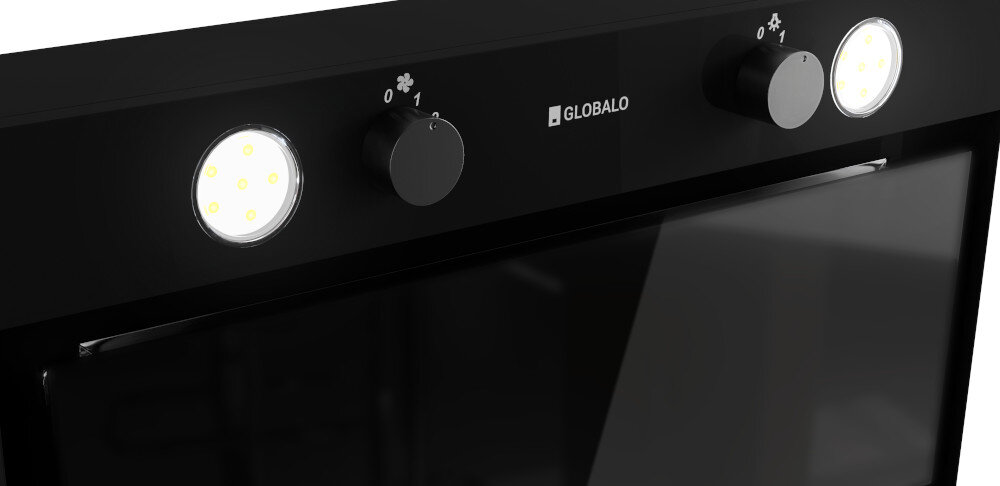 OKAP GLOBALO FLUXIME Zdjęcie przedstawia czarny panel okapu kuchennego marki GLOBAŁO z dwoma pokrętłami sterującymi pracą urządzenia. Po obu stronach widoczne są wbudowane okrągłe lampki LED, zapewniające oświetlenie płyty kuchennej oświetlenie LED energooszczędność niskie zużycie prądu oszczędność energii jasne światło