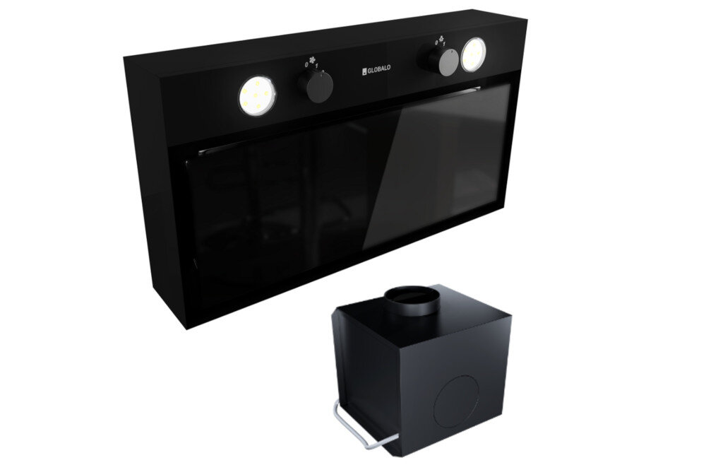 OKAP GLOBALO FLUXIME Zdjęcie przedstawia okap kuchenny GLOBALO w czarnym wykończeniu, widoczny od spodu wraz z panelem sterowania i oświetleniem LED. Pod urządzeniem znajduje się czarna jednostka filtracyjna, przeznaczona do pracy okapu w trybie recyrkulacji kompaktowy rozmiar zabudowa kuchenna oszczędność przestrzeni mała wysokość funkcjonalność turbina w innym pomieszczeniu elastyczny montaż dowolna instalacja optymalne wykorzystanie przestrzeni