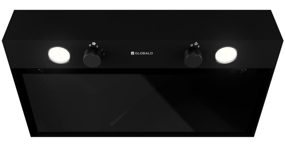 OKAP GLOBALO FLUXIME Zdjęcie przedstawia czarny okap kuchenny GLOBALO z szerokim panelem wykończonym szkłem oraz dwoma pokrętłami sterującymi pracą urządzenia. Po bokach panelu umieszczone są okrągłe lampki LED, które równomiernie oświetlają płytę kuchenną  filtr aluminiowy usuwanie tłuszczu czyste powietrze filtracja powietrza ochrona kuchni