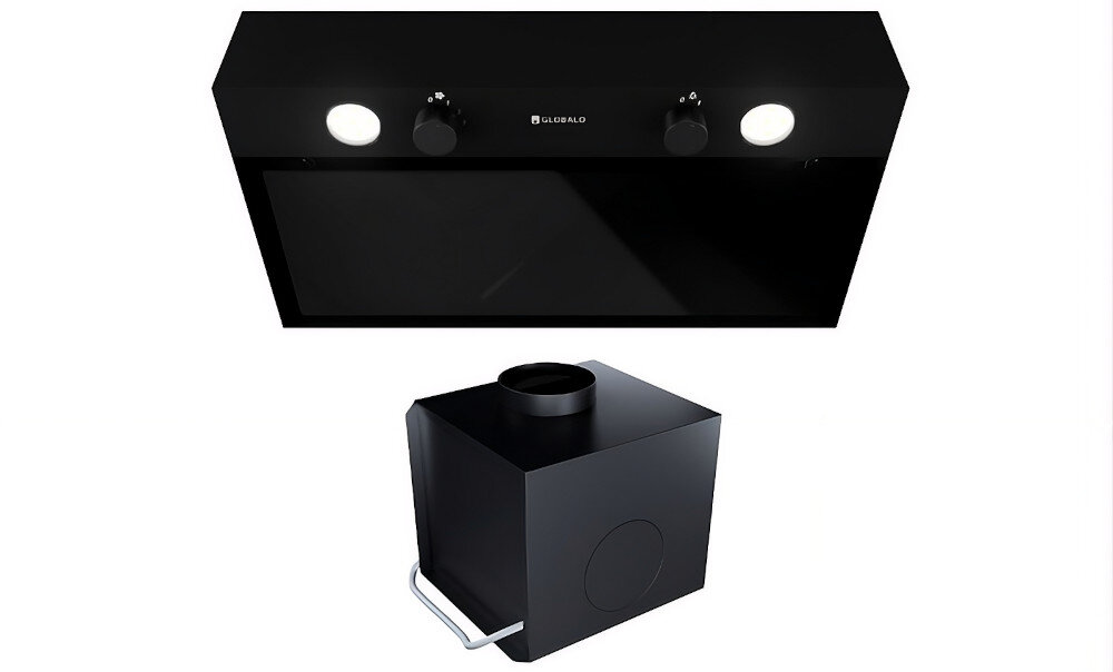 OKAP GLOBALO FLUXIME Zdjęcie przedstawia okap kuchenny marki GLOBALO w czarnym wykończeniu, wraz z widocznymi pokrętłami sterowania i oświetleniem LED pod panelem. Pod urządzeniem pokazano czarną jednostkę filtracyjną (pochłaniacz), która współpracuje z okapem, umożliwiając tryb recyrkulacji powietrza pochłanianie szczelinowe skuteczne usuwanie zapachów wydajna wentylacja świeże powietrze kuchnia