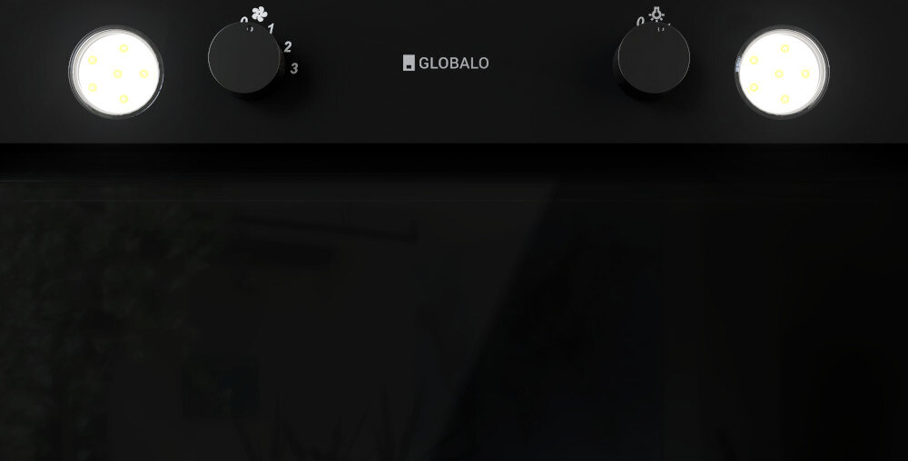 OKAP GLOBALO FLUXIME Zdjęcie przedstawia czarny okap kuchenny GLOBALO z panelem sterowania umieszczonym w górnej części urządzenia. Widoczne są dwa pokrętła do regulacji mocy i oświetlenia oraz dwie okrągłe lampki LED o ciepłej barwie światła sterowanie mechaniczne prosta obsługa regulacja prędkości intuicyjne użytkowanie wygoda