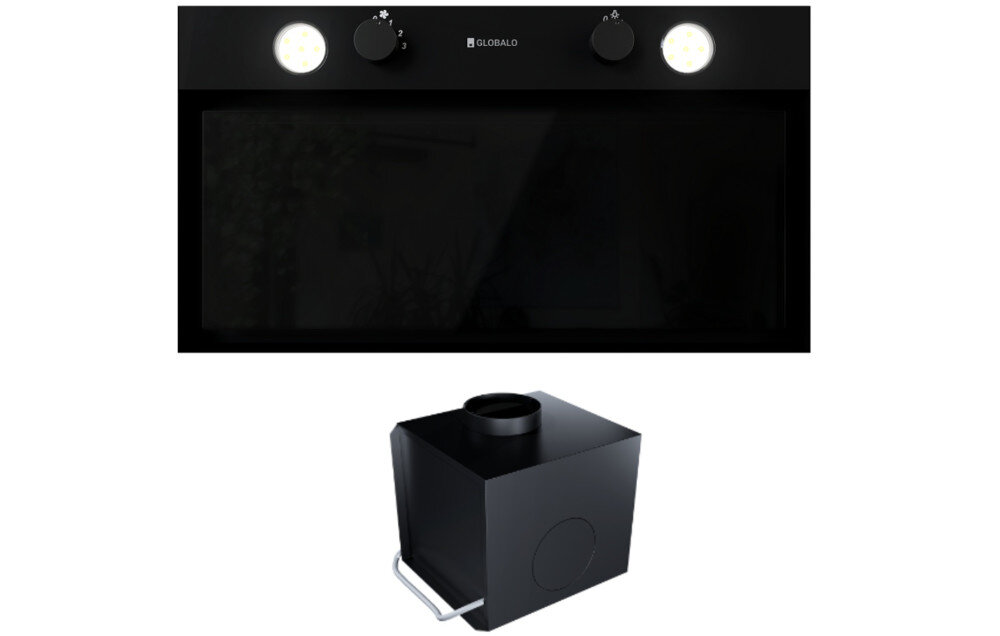 OKAP GLOBALO FLUXIME Obraz pokazuje okap GLOBALO w widoku z dołu, z uchyloną przednią klapą umożliwiającą dostęp do filtrów. Na górnym panelu widoczne są dwa pokrętła sterowania oraz dwie jasne lampki LED zapewniające komfortowe oświetlenie gotowania kanał płaski więcej miejsca w szafce organizacja kuchni oszczędność przestrzeni funkcjonalne rozwiązanie cicha kuchnia wydajna wentylacja design oszczędność energii funkcjonalność