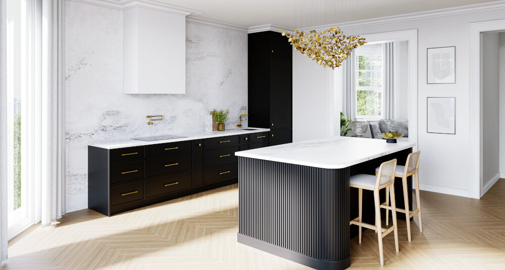 OKAP GLOBALO FLUXIME Zdjęcie przedstawia przestronną, elegancką kuchnię z dużą wyspą, czarnymi szafkami i białym okapem umieszczonym na ścianie nad płytą. Całość utrzymana jest w luksusowym stylu cicha praca kuchnia turbina zewnętrzna redukcja hałasu 71 dB dźwięk komfort gotowania