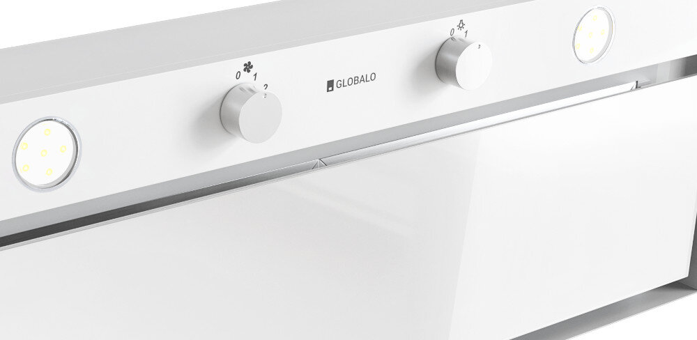 OKAP GLOBALO FLUXIME Na zdjęciu widoczny jest biały okap GLOBALO z dwoma pokrętłami oraz okrągłymi lampkami LED. Ujęcie eksponuje gładką powierzchnię frontu i minimalistyczny design oświetlenie LED energooszczędność niskie zużycie prądu oszczędność energii jasne światło