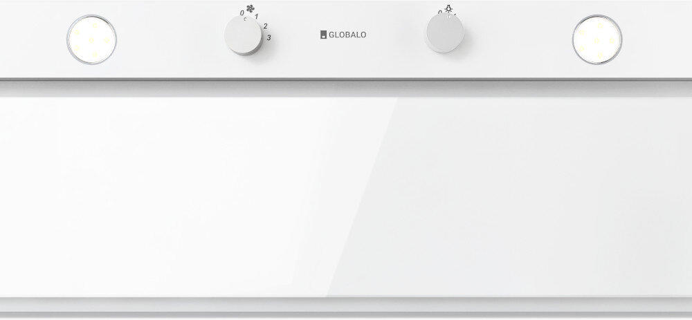 OKAP GLOBALO FLUXIME Zdjęcie przedstawia biały okap GLOBALO z dwoma pokrętłami sterowania i oświetleniem LED po bokach. Front urządzenia jest gładki i minimalistyczny, utrzymany w eleganckiej stylistyce sterowanie mechaniczne prosta obsługa regulacja prędkości intuicyjne użytkowanie wygoda
