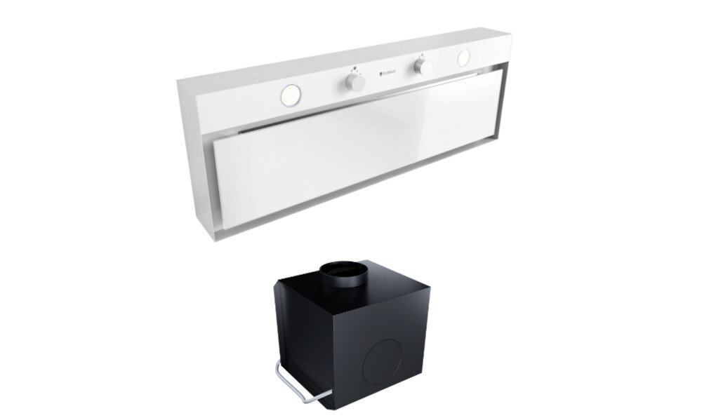 OKAP GLOBALO FLUXIME Obraz pokazuje okap GLOBALO widziany pod kątem, a pod nim umieszczono czarną jednostkę filtracyjną do pracy w trybie recyrkulacji. Ujęcie prezentuje zestaw jako kompletny system wentylacji kuchennej kompaktowy rozmiar zabudowa kuchenna oszczędność przestrzeni mała wysokość funkcjonalność turbina w innym pomieszczeniu elastyczny montaż dowolna instalacja optymalne wykorzystanie przestrzeni