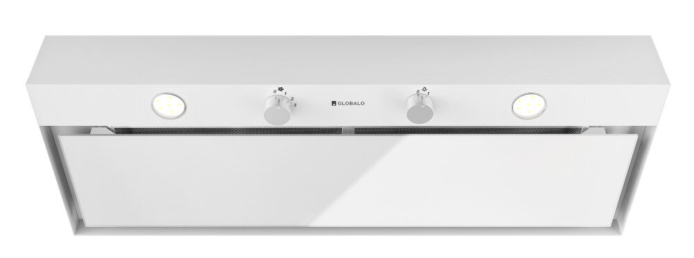 OKAP GLOBALO FLUXIME Okap GLOBALO przedstawiono z lekkim zbliżeniem na panel sterowania z dwoma pokrętłami i oświetleniem LED. Ujęcie podkreśla eleganckie wykończenie frontu filtr aluminiowy usuwanie tłuszczu czyste powietrze filtracja powietrza ochrona kuchni